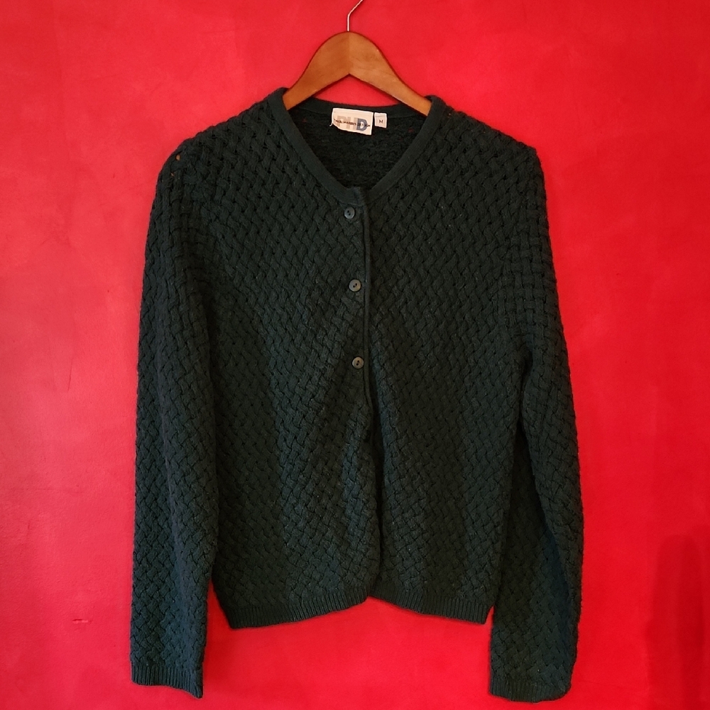 Dark Green Textured Button-Front Women's Cardigan Sweater